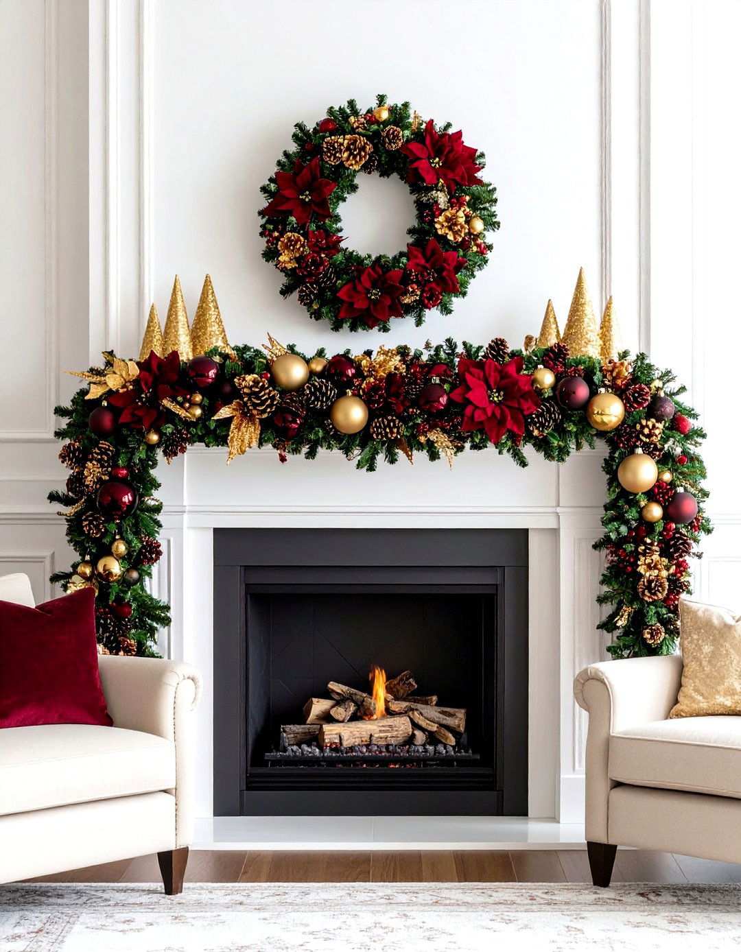 Burgundy and Gold Festive Mantel - 24 Mantel Garland Ideas
