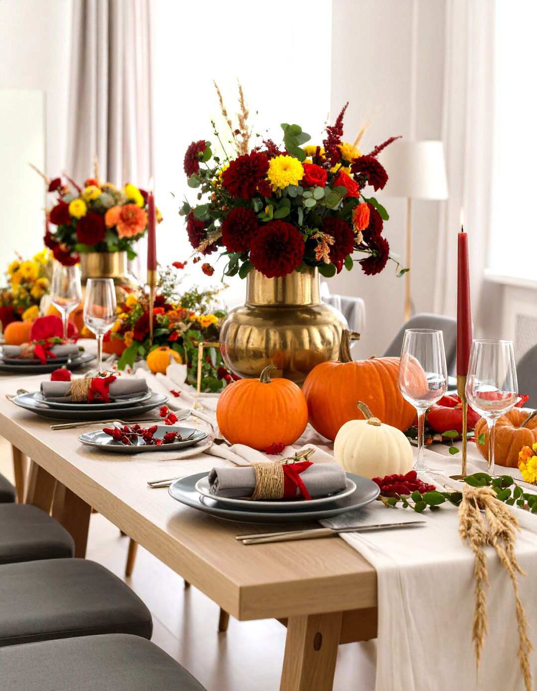 Burgundy and Gold Florals - 24 Thanksgiving Centerpiece Ideas