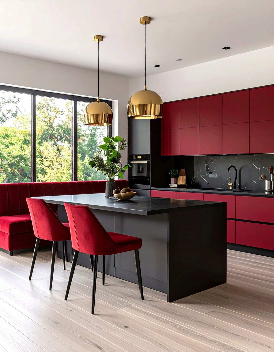 Burgundy Dining Banquette With Black Kitchen Island - 24 red and black kitchen ideas