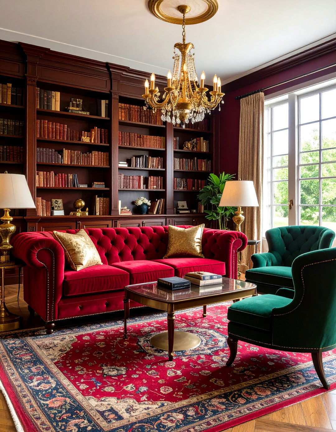 Burgundy Red Living Room with Dark Wood Furniture - 24 Moody Living Room Ideas