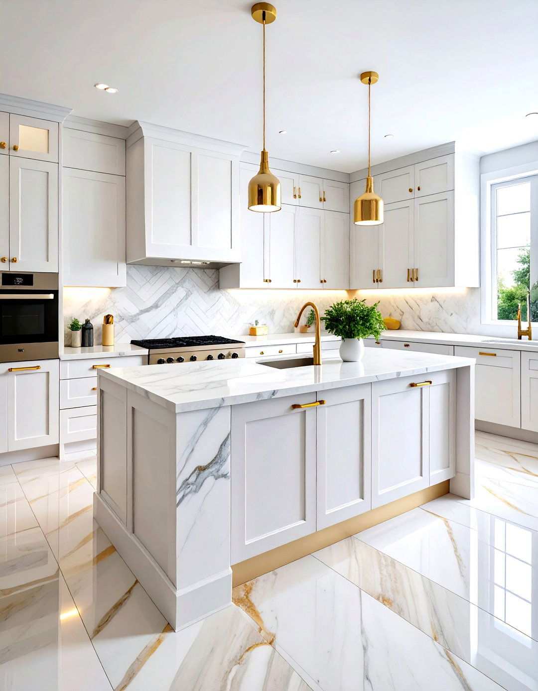 Calacatta Gold Marble Herringbone Pattern - 24 White and Gold Kitchen Backsplash Ideas