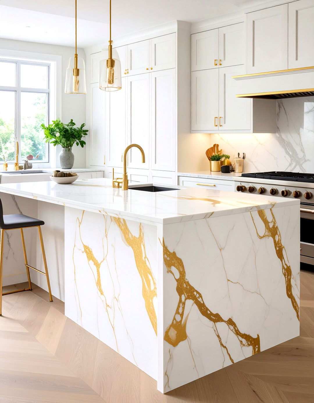 Calacatta Gold Marble Waterfall Island - 24 Waterfall Kitchen Island Ideas