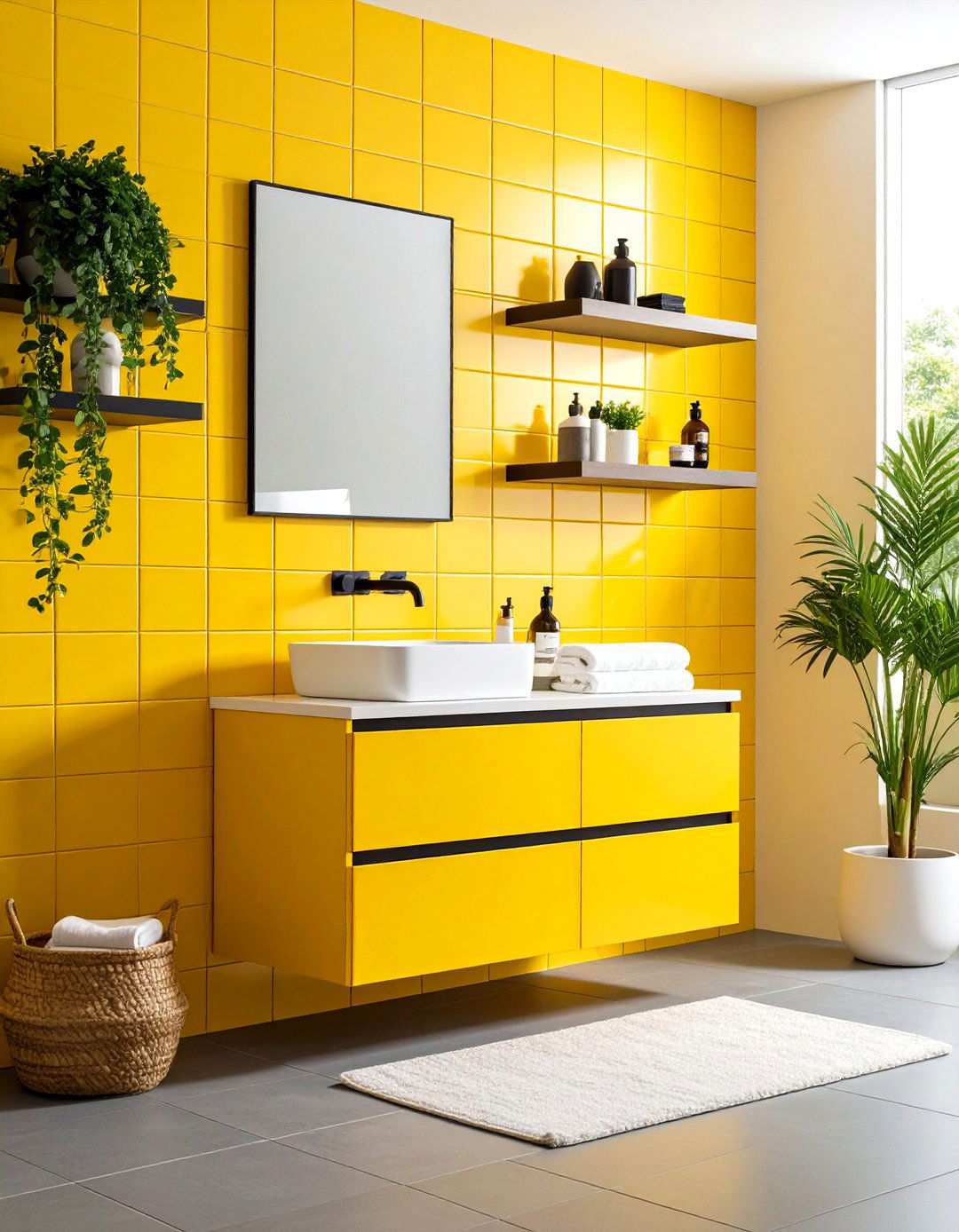 Canary Yellow Metro Tile Feature Wall - 24 Yellow Bathroom Ideas