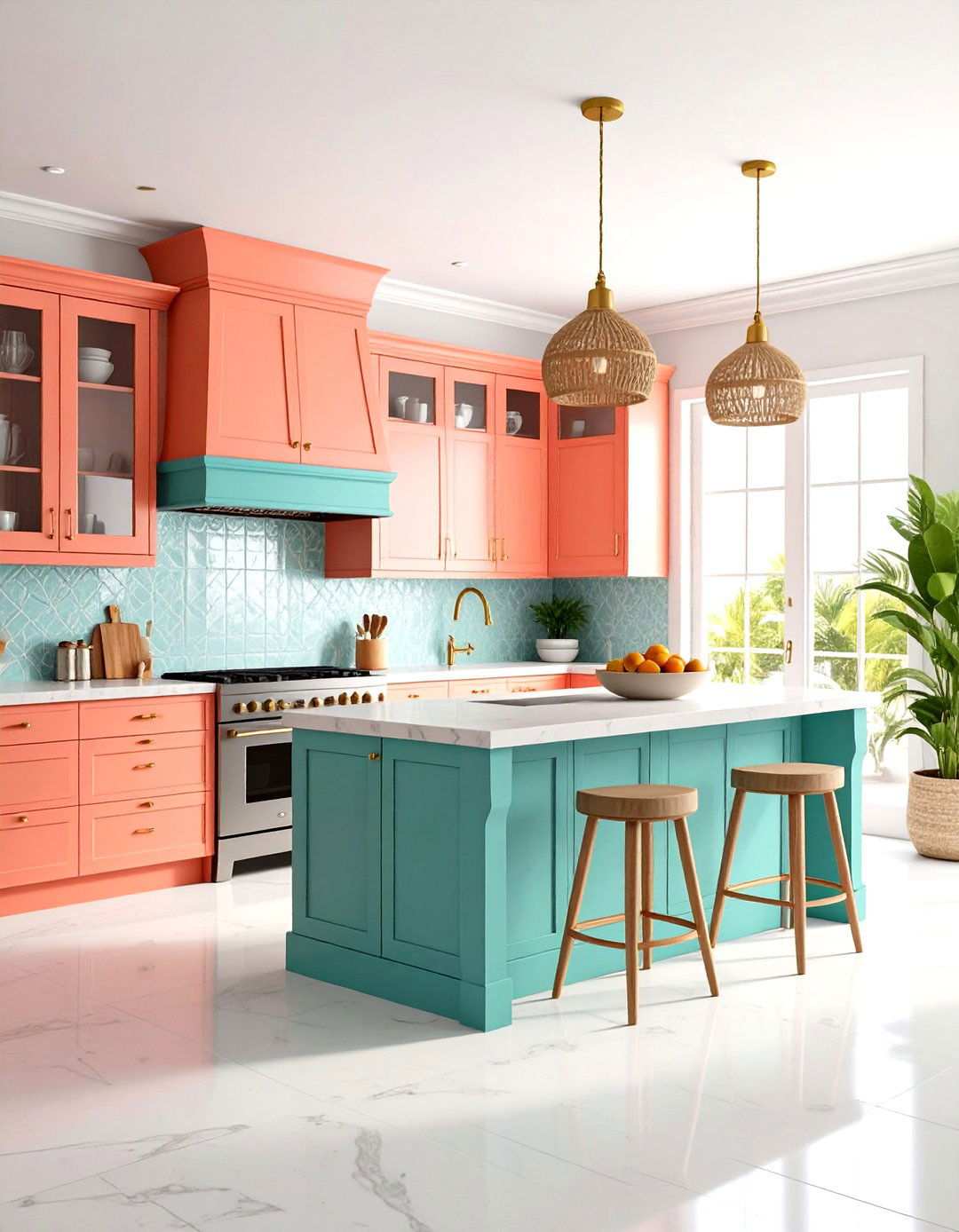 Caribbean Coral Kitchen with Turquoise Accents - 24 Tropical Kitchen Ideas