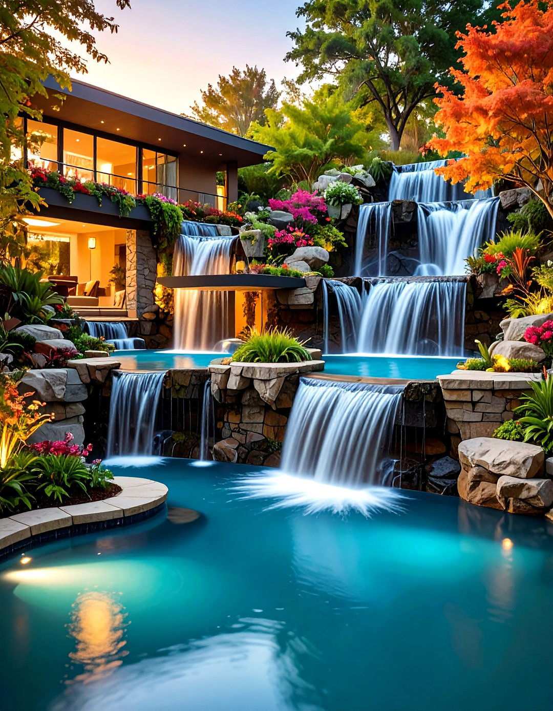 Cascading Multi Level Waterfall Paradise - 24 Tropical Pool Landscaping Ideas