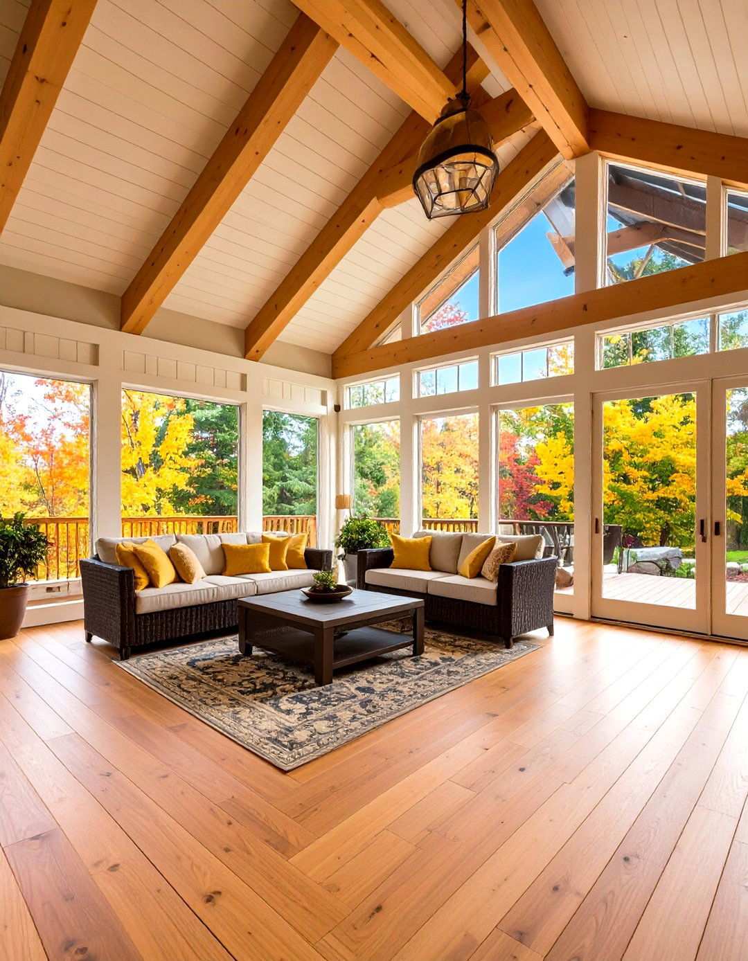 Cathedral Ceiling Sunroom with Corner Deck - 24 Sunroom and Deck Combo Ideas