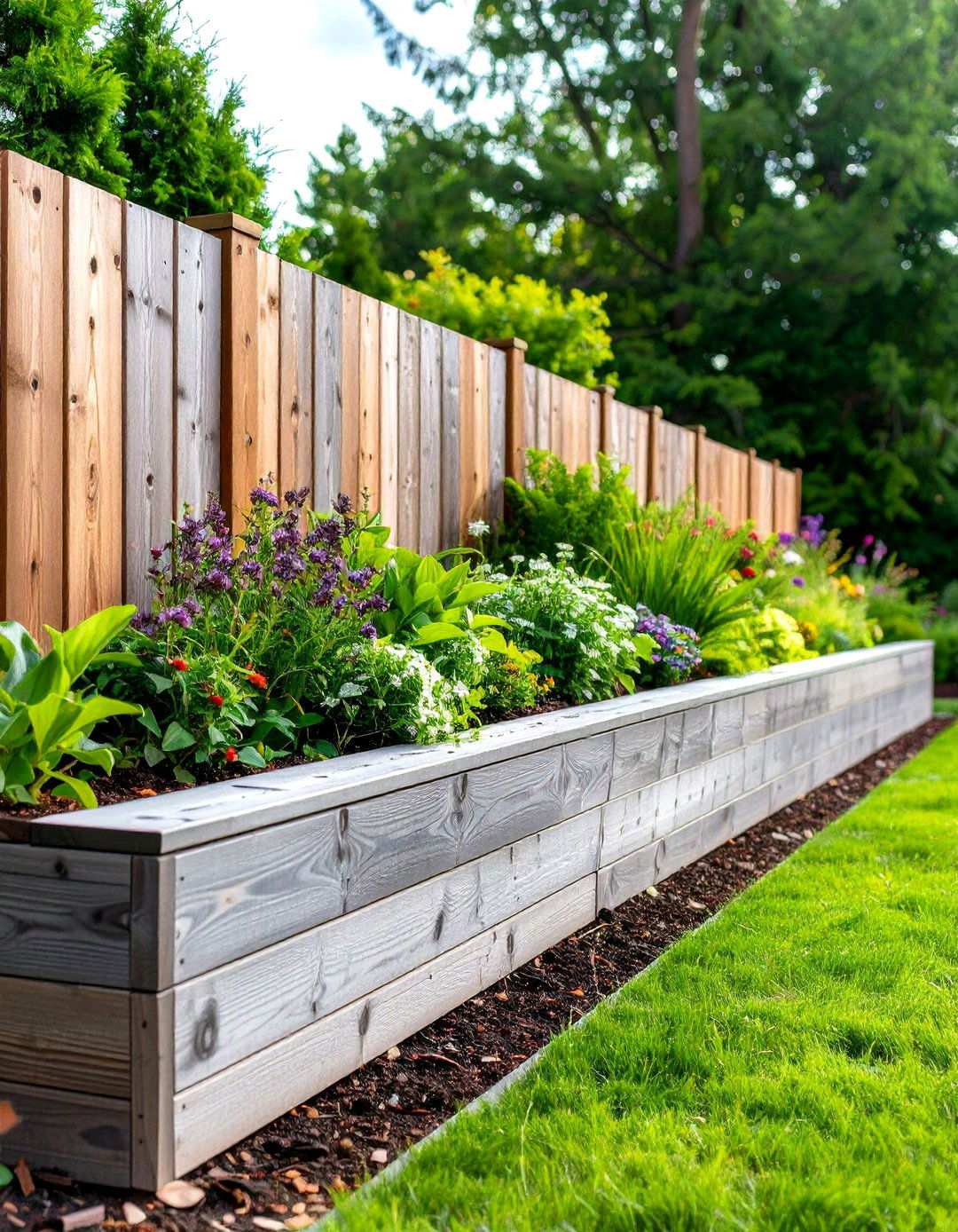 Cedar Wood Retaining Wall with Natural Weathering Finish - 24 Wood Retaining Wall Ideas