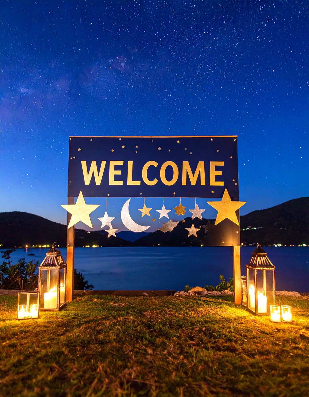 Celestial Wedding Welcome Sign with Stars and Metallic Moons - 24 Wedding Welcome Sign Ideas