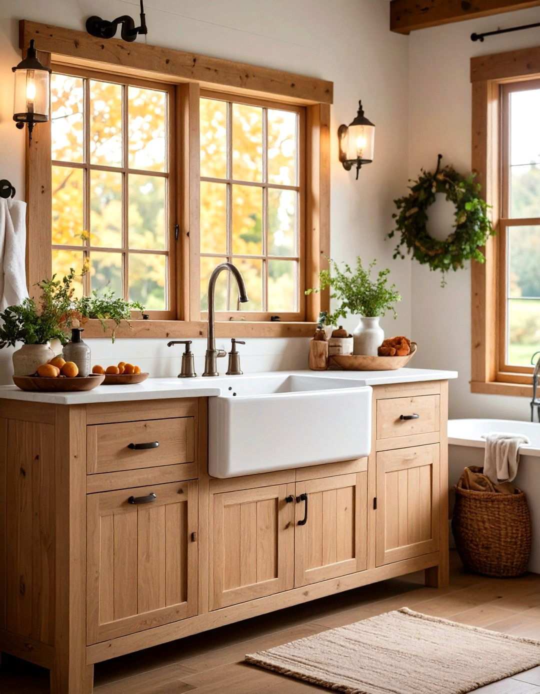 Ceramic Farmhouse Sink with Beadboard Vanity - 24 Small Bathroom Sink Ideas