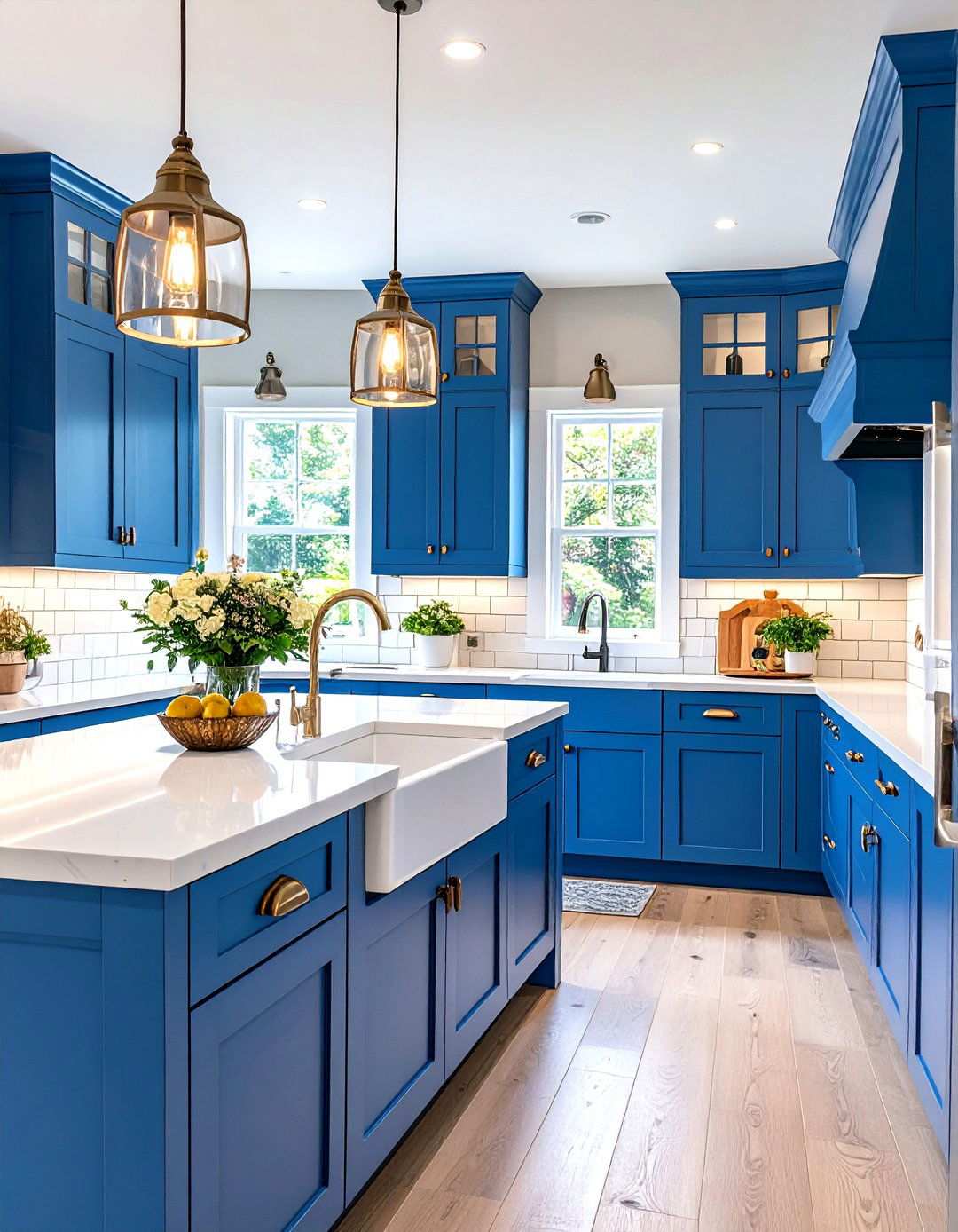Cerulean Blue Galley Cabinets with Subway Tile - 24 Light Blue Kitchen Cabinets Ideas
