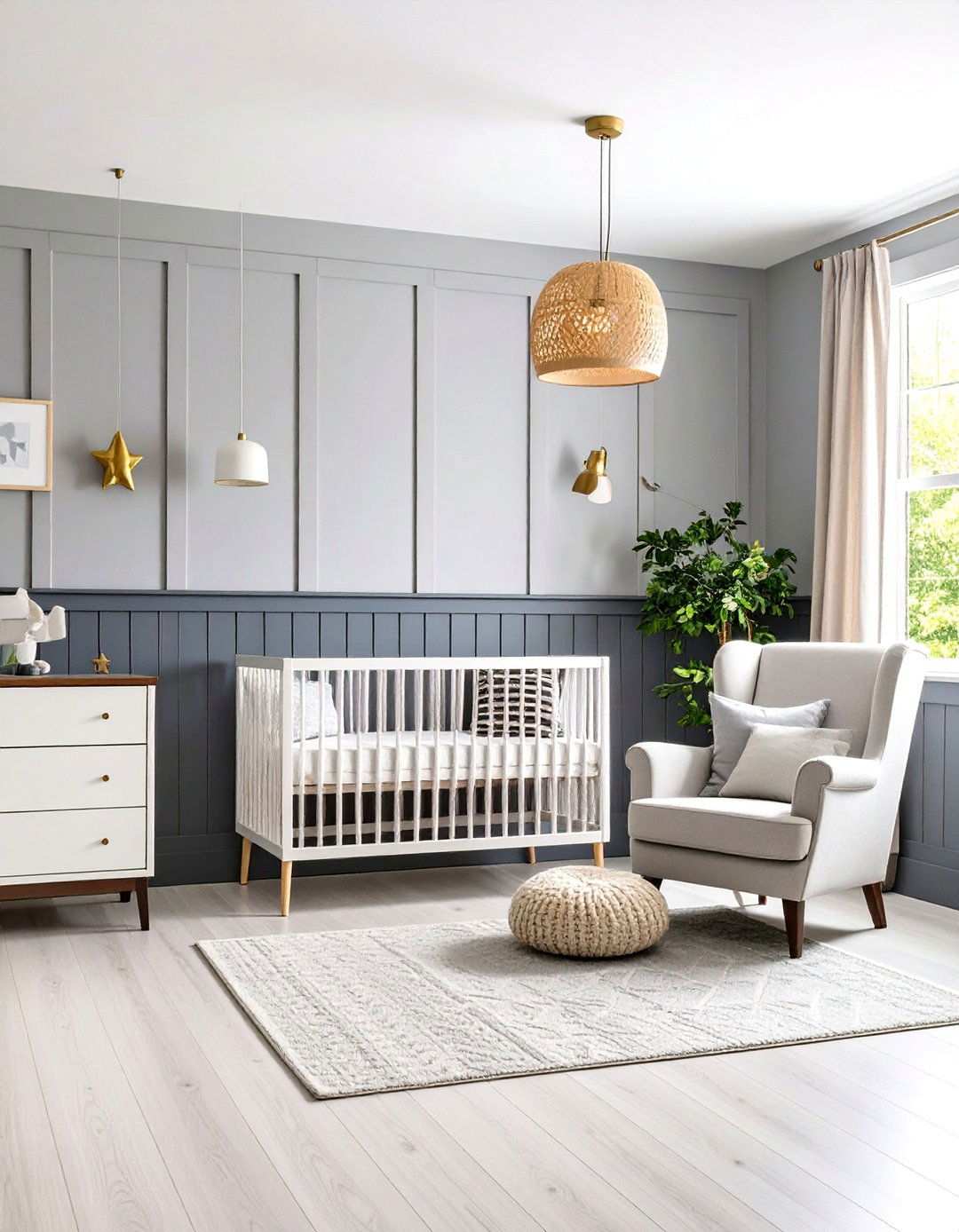 Charcoal Board and Batten with Brass Lighting - 24 Wainscoting Nursery Ideas