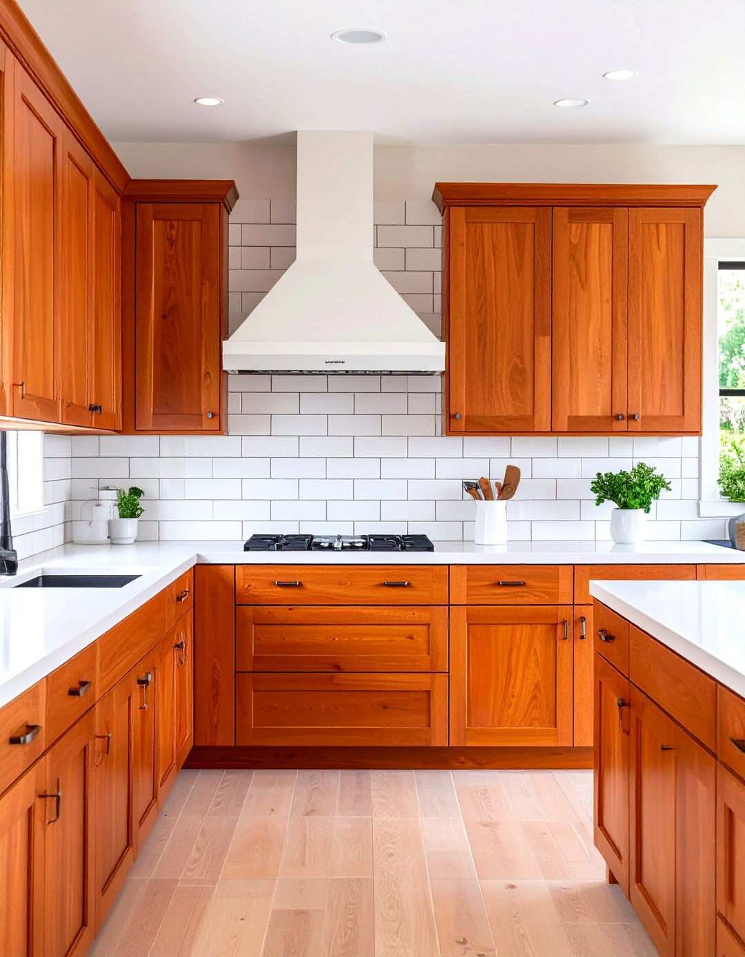 Cherry Cabinets with White Subway Tile Backsplash - 24 Natural Cherry Kitchen Cabinets