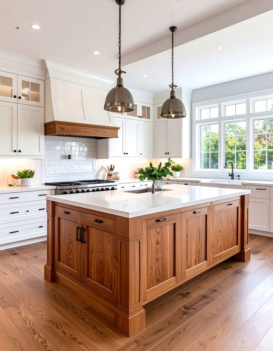 Cherry Island with White Perimeter Cabinets - 24 Natural Cherry Kitchen Cabinets