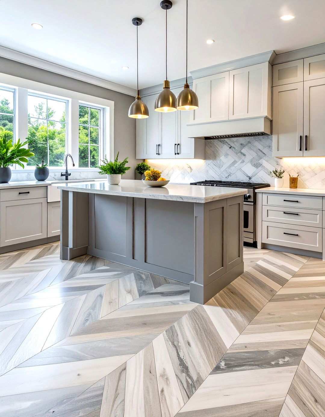 Chevron Pattern Gray Marble Design - 24 Marble Kitchen Floor Ideas