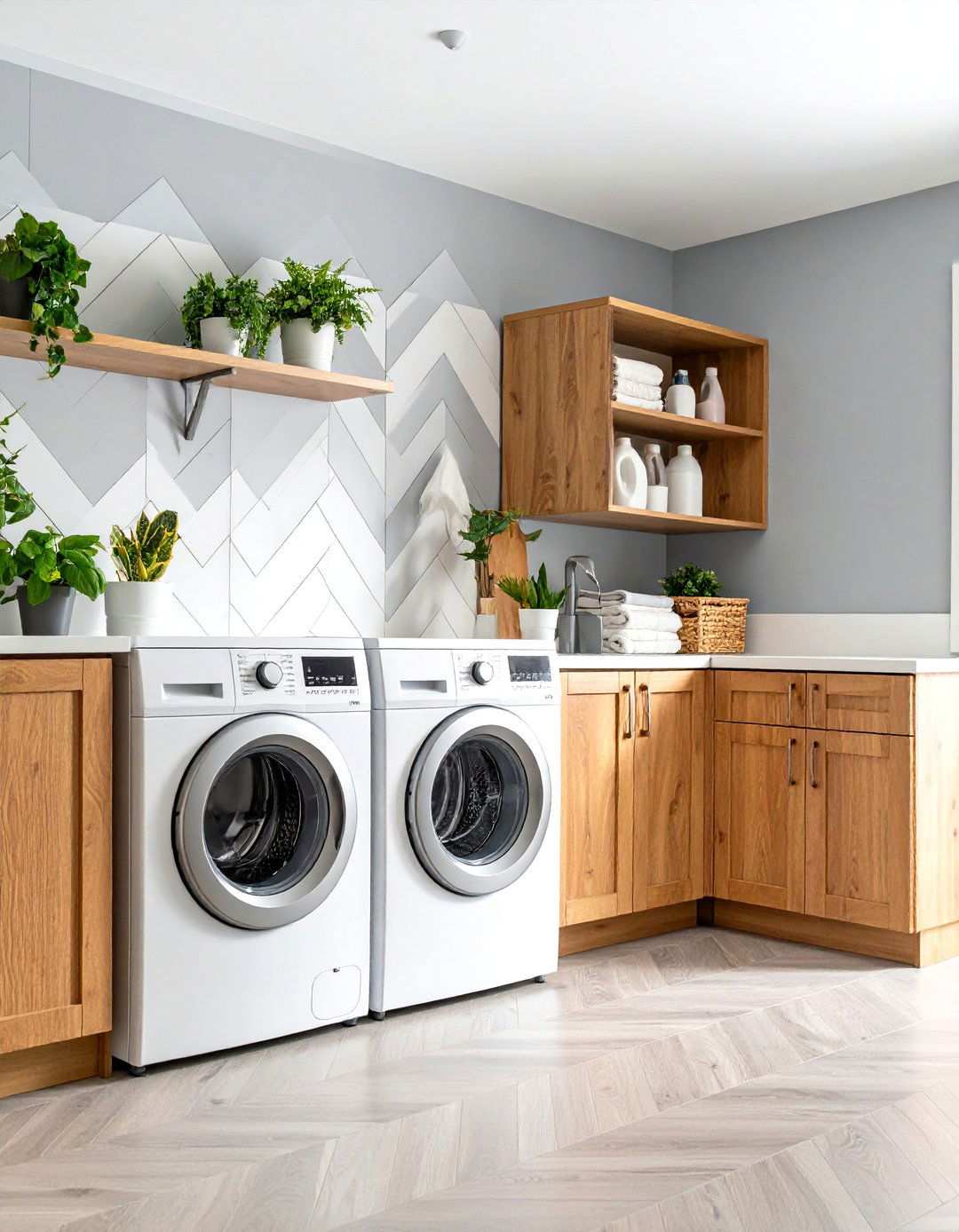 Chevron Pattern Shiplap Accent Wall - 24 Shiplap Laundry Room Ideas