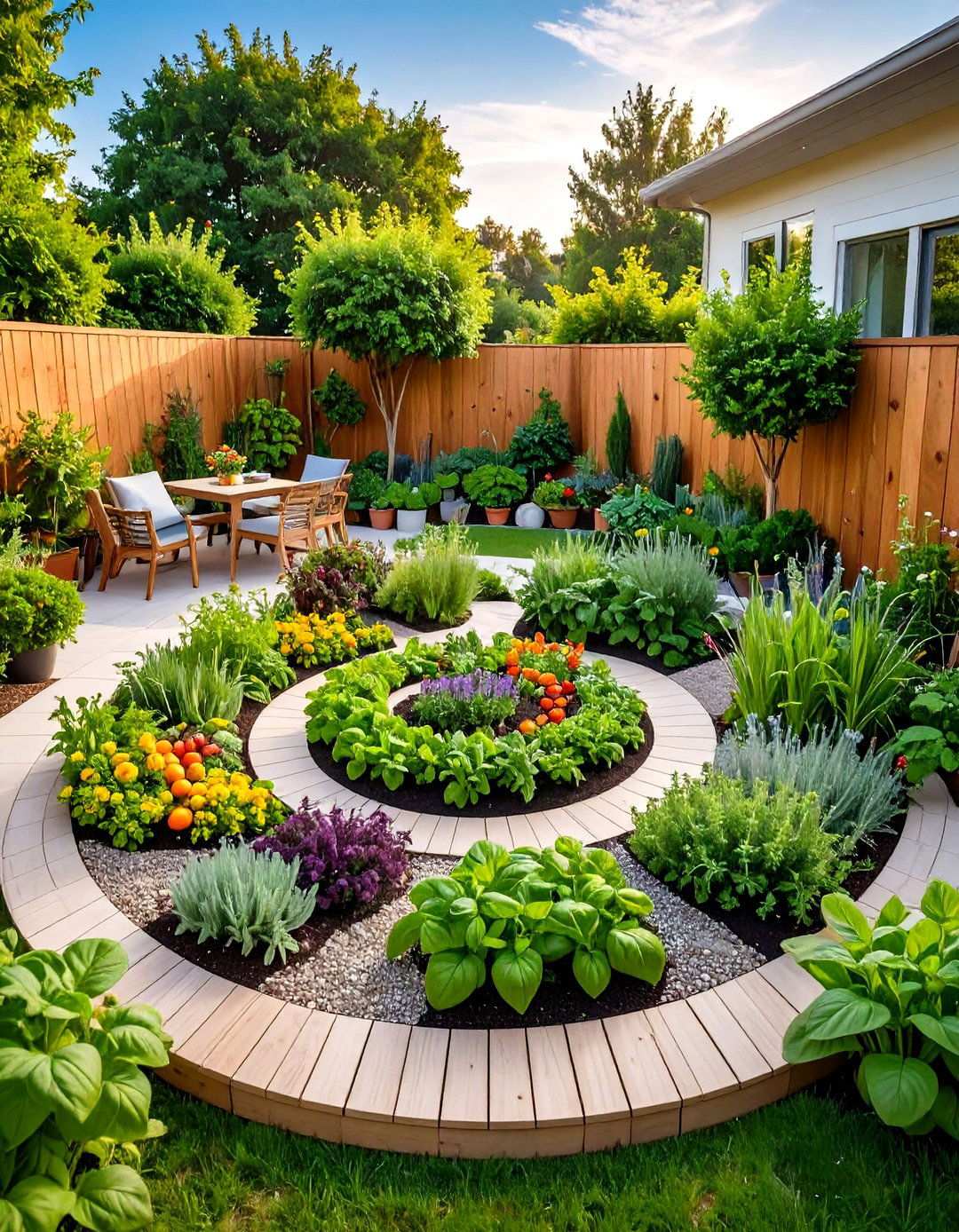 Circular Kitchen Garden with Culinary Herb Spiral - 24 Round Garden Bed Ideas