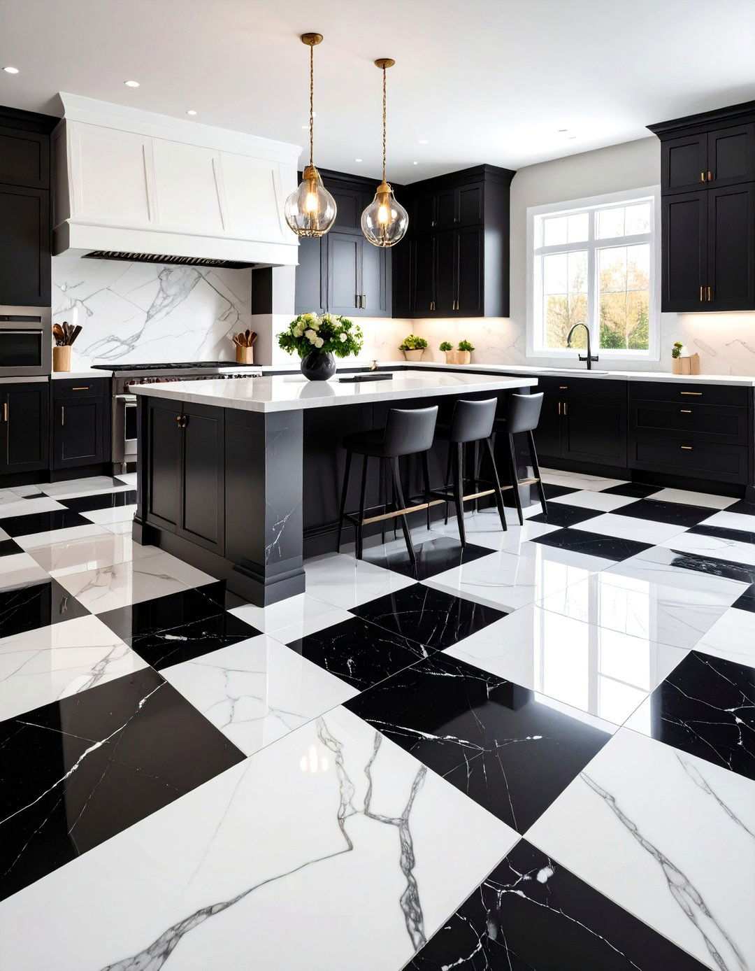 Classic Black and White Marble Checkered Kitchen - 24 Kitchens With Checkered Floors
