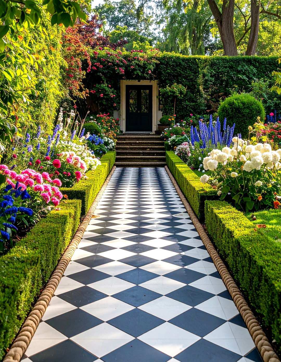 Classic Black and White Mosaic Pathway Garden - 24 Victorian Front Garden Ideas
