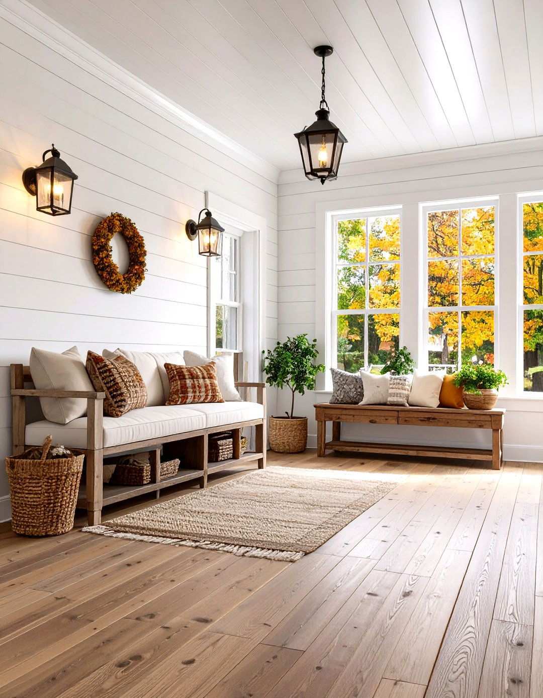 Classic Horizontal White Shiplap Farmhouse Foyer - 24 Shiplap Wall Entryway Ideas