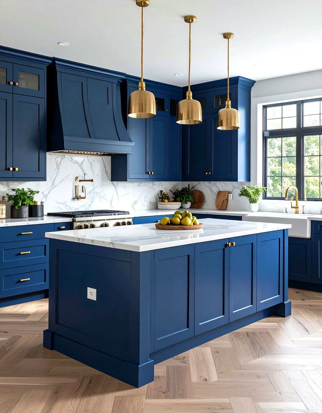 Classic Navy Blue Shaker Cabinets with Brass Hardware - 24 Navy Blue Kitchen Cabinets Ideas