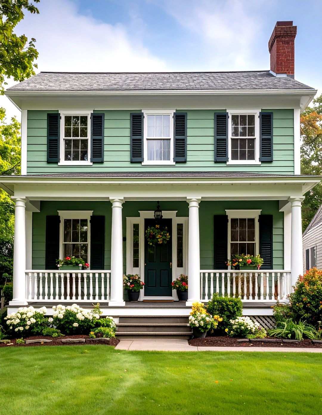 Classic Sage Green with White Trim Colonial - 24 Light Green House Exterior Ideas