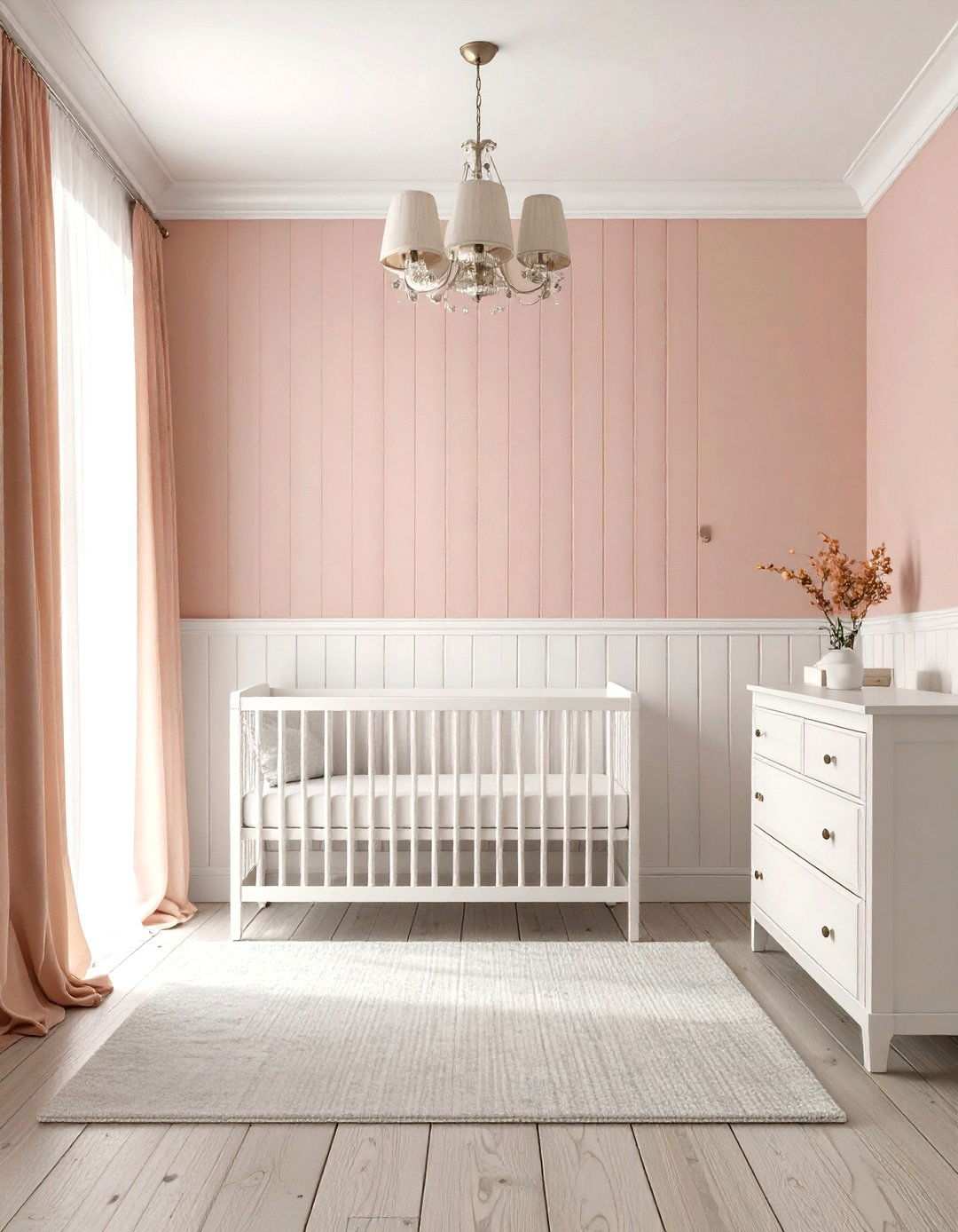 Classic White Beadboard Wainscoting with Soft Pink Walls - 24 Wainscoting Nursery Ideas