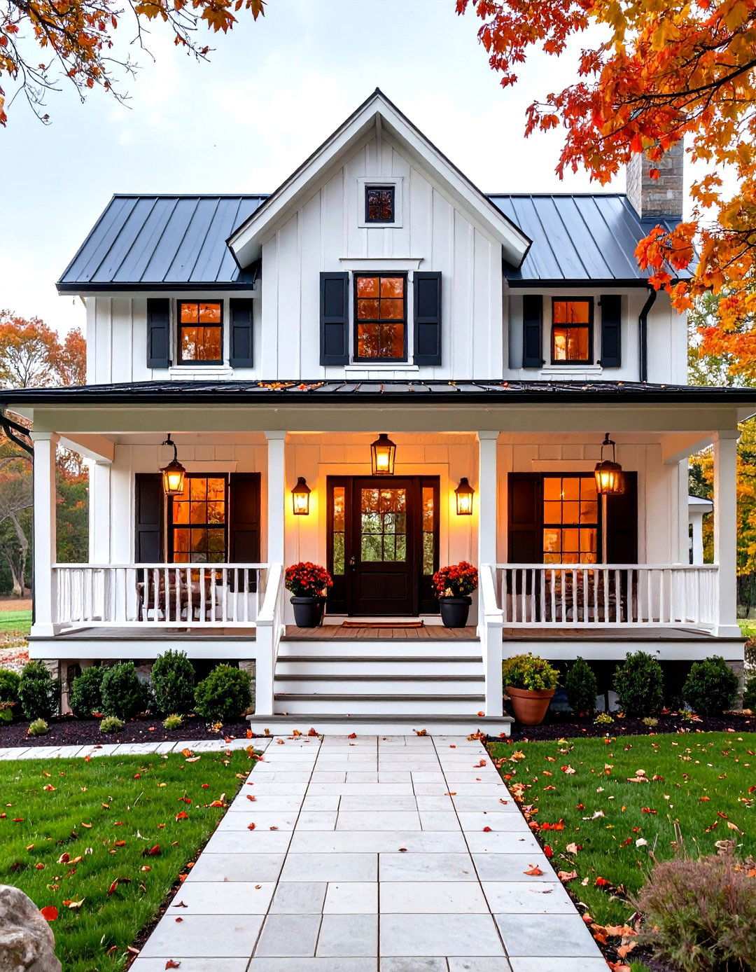 Classic White Board and Batten with Black Accents - 24 White Farmhouse With Wrap-around Porch Ideas