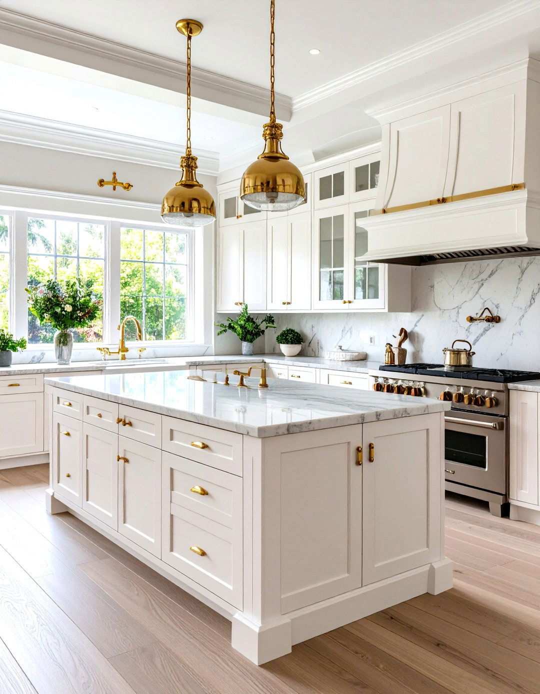 Classic White Cabinets with Traditional Yellow Gold Hardware - 24 White Kitchen Cabinets With Gold Hardwar