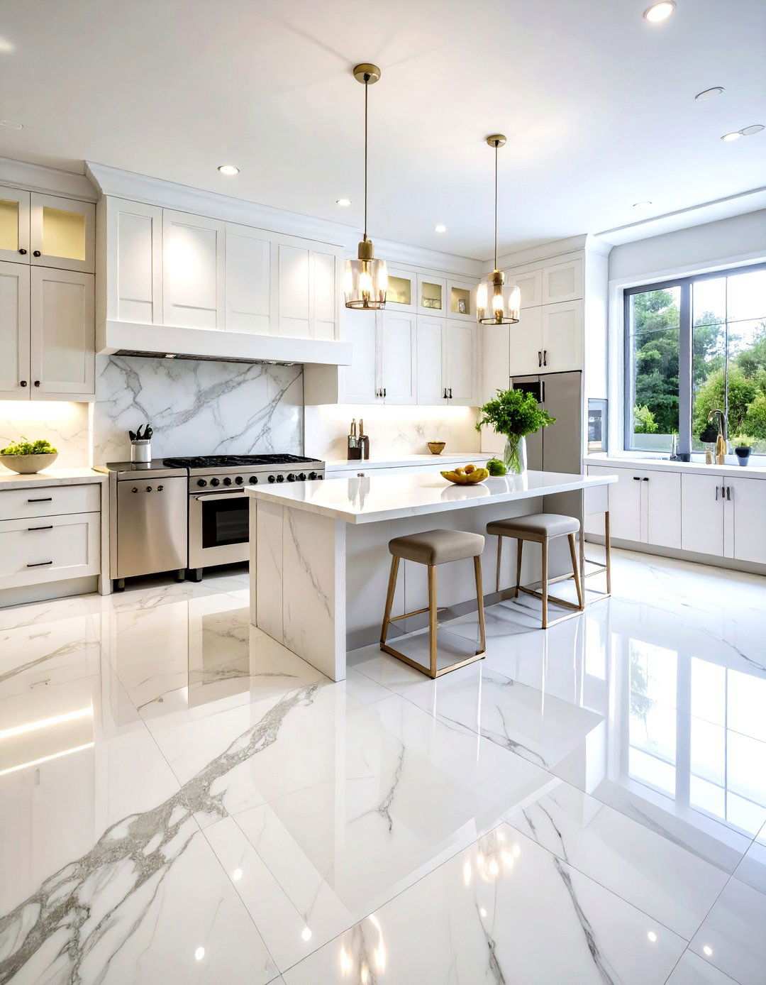 Classic White Carrara Marble Flooring - 24 Marble Kitchen Floor Ideas