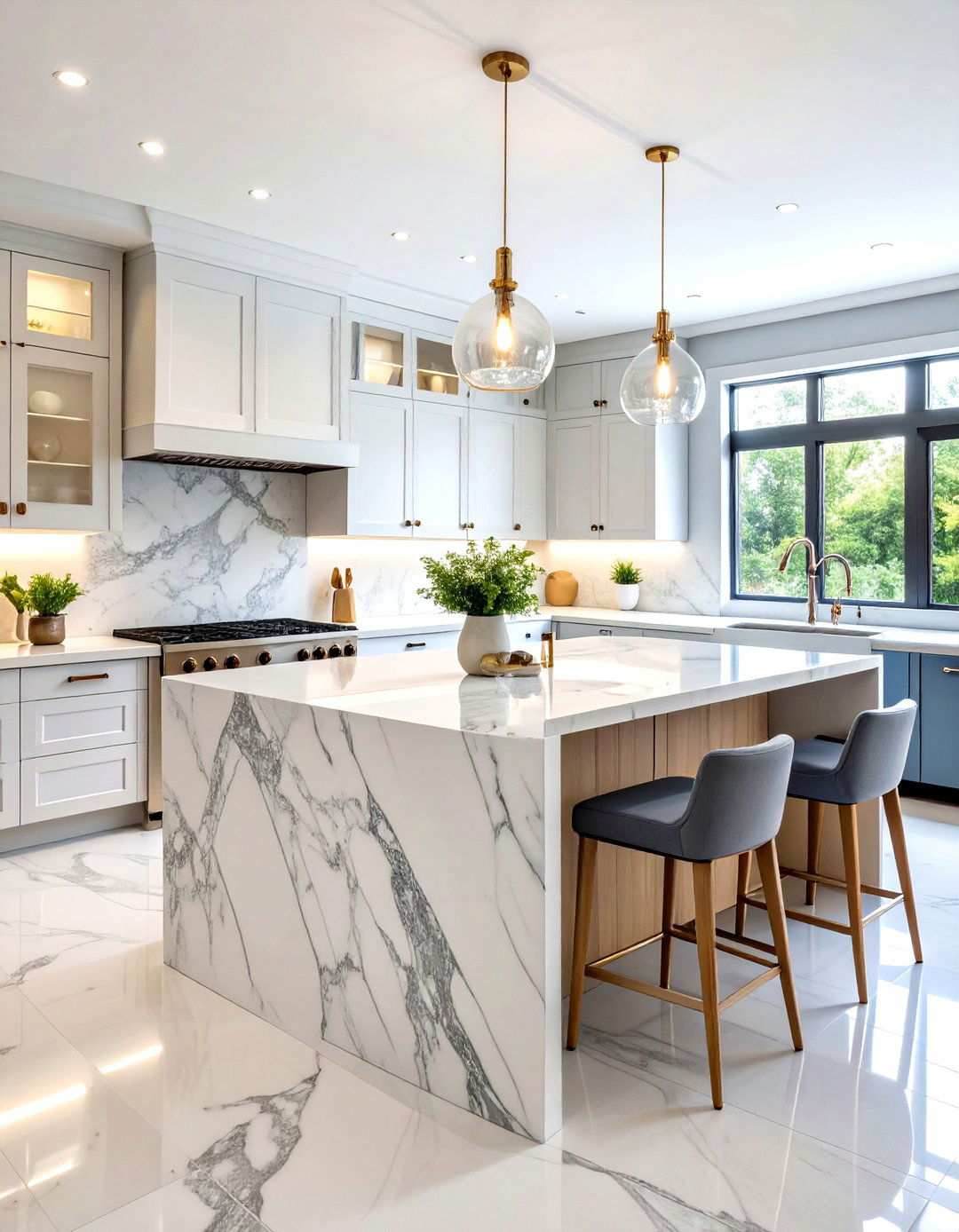 Classic White Marble Waterfall Island - 24 Waterfall Kitchen Island Ideas