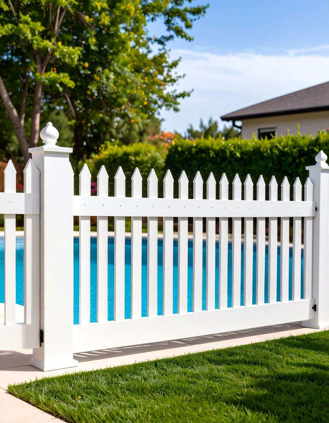 Classic White Picket Pool Fence with Decorative Gates - 24 Pool Fence Ideas