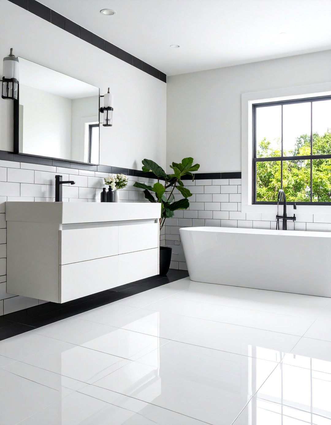 Classic White Subway Tile with Black Grout - 24 White Tile Bathroom Ideas