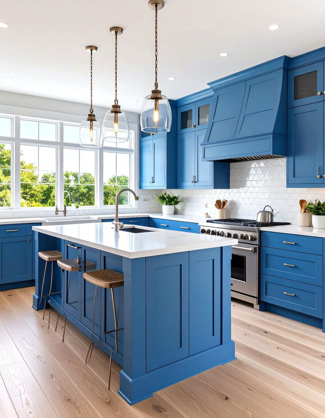 Coastal Blue Cabinets with Chrome Hardware and Glass Backsplash - 24 Light Blue Kitchen Cabinets Ideas