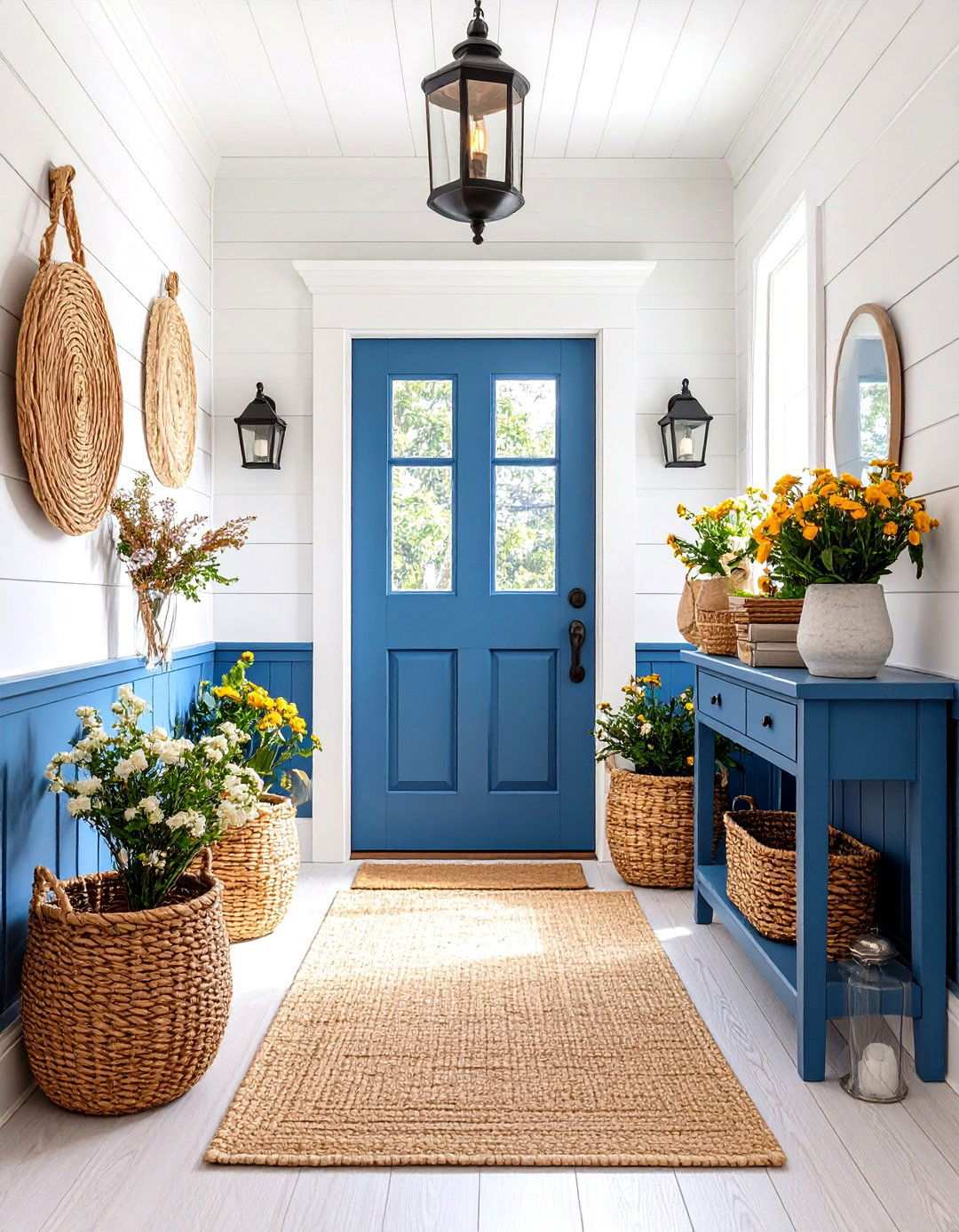 Coastal Blue Wainscoting Half Wall Entrance - 24 Shiplap Wall Entryway Ideas