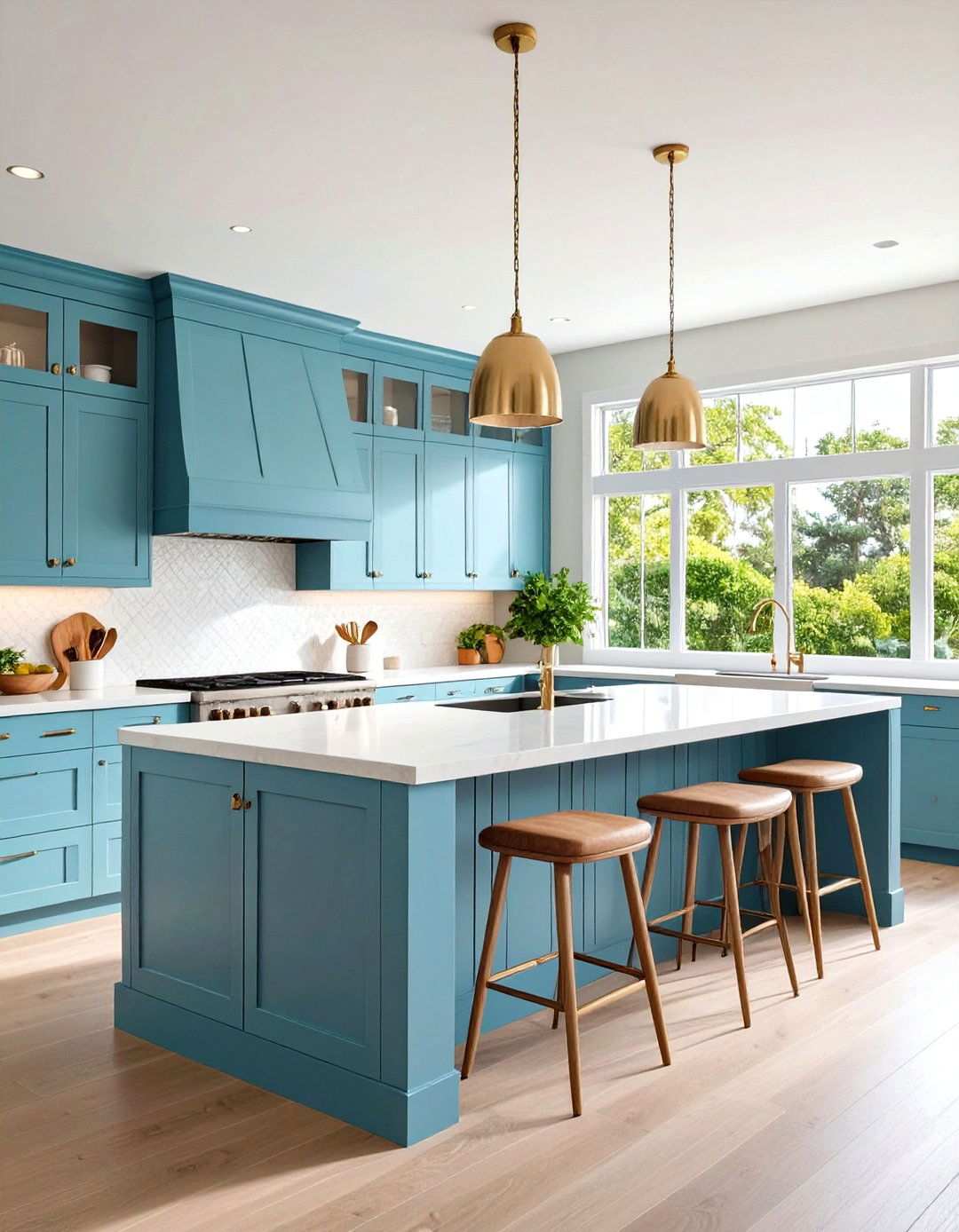 Coastal Contemporary Seafoam Island - 24 White Kitchen Cabinets With Blue Island
