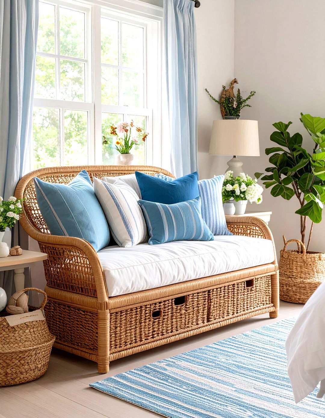 Coastal Cottage Rattan Window Seat - 24 rattan bedroom furniture ideas