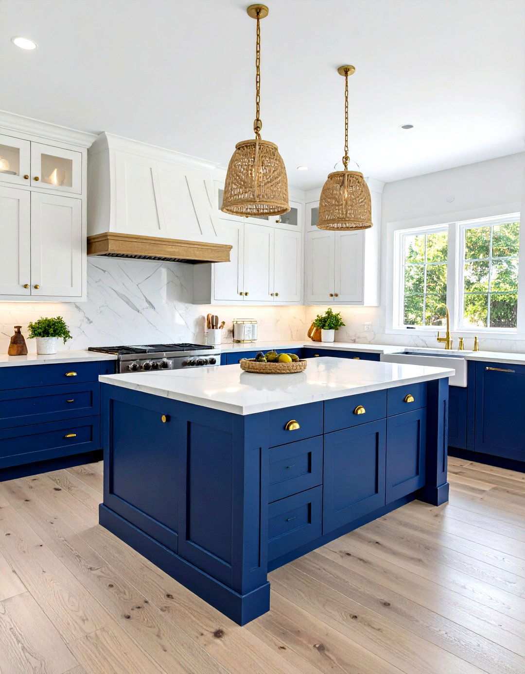 Coastal Farmhouse Navy Island Design - 24 White Kitchen Cabinets With Blue Island