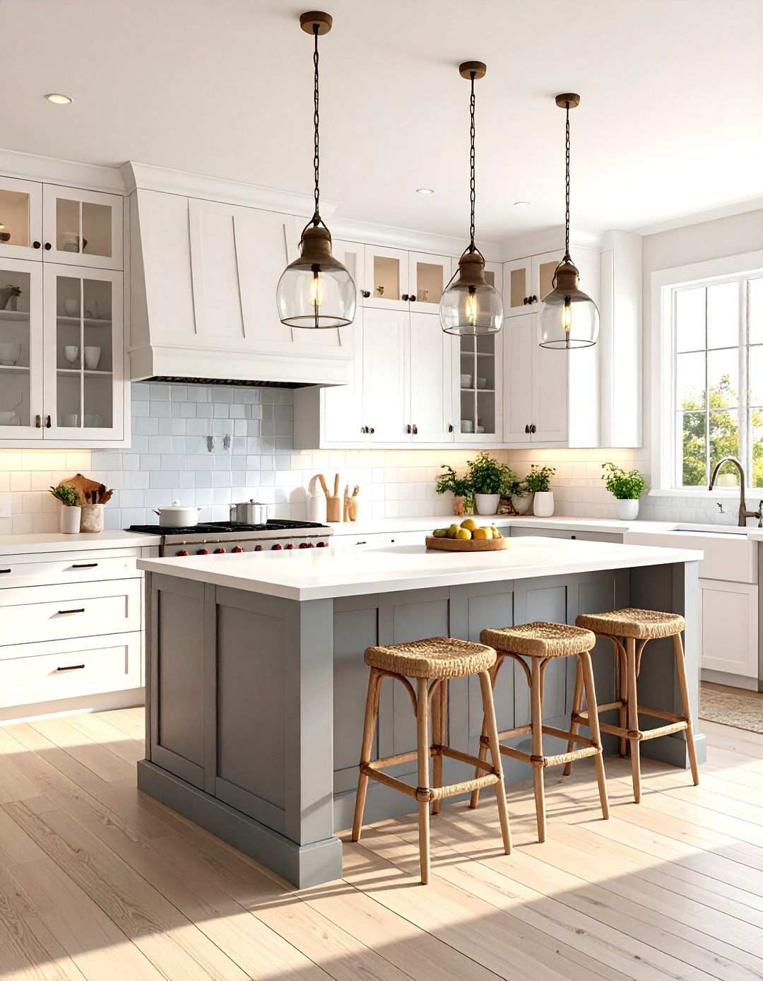 Coastal Inspired White Kitchen With Weathered Grey Island - 24 White Kitchen Cabinets With Grey Island Ideas
