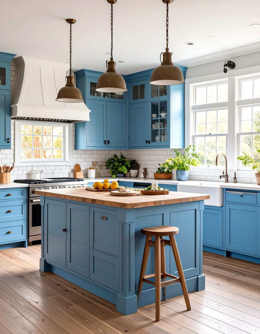 Coastal Kitchen with Weathered Butcher Block and Blue Cabinets - 24 Kitchens With Butcher Block Countertops
