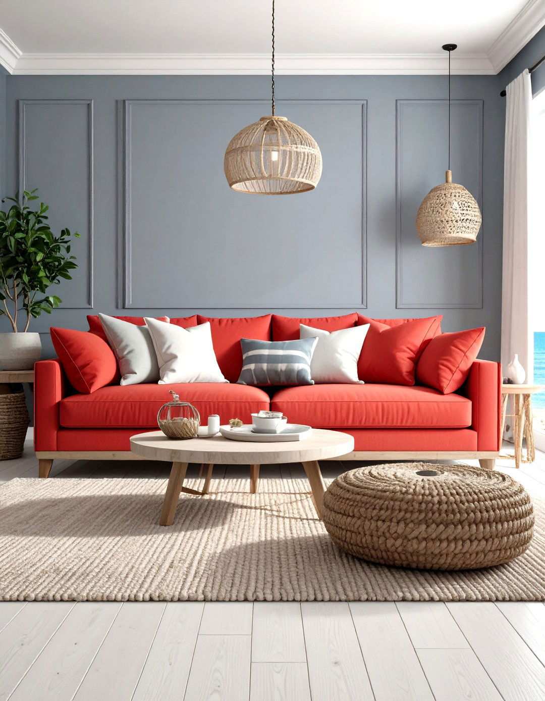 Coastal Modern Red Coral and Driftwood Grey - 24 Red and Grey Living Room Ideas