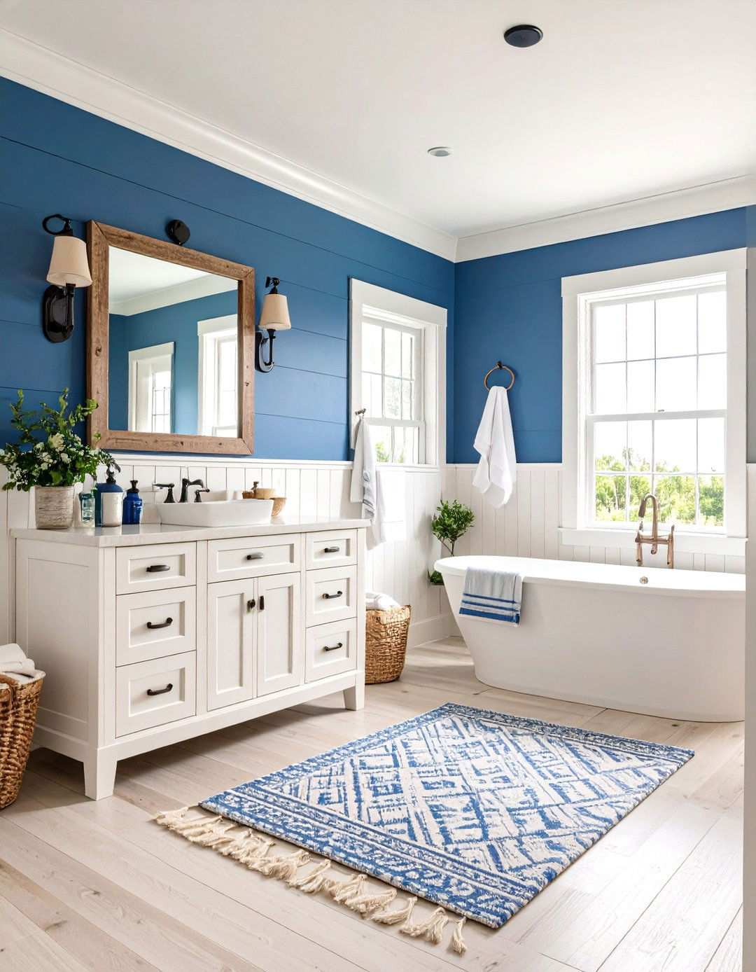 Coastal Nautical Windowless Bathroom with Blue and White Themes - 24 Windowless Bathroom Ideas