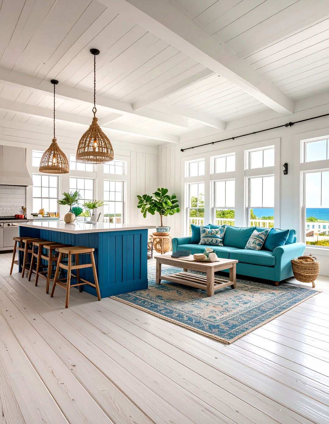 Coastal Open Floor Plan with Ocean Inspired Blues - 24 Open Floor Plan Ideas
