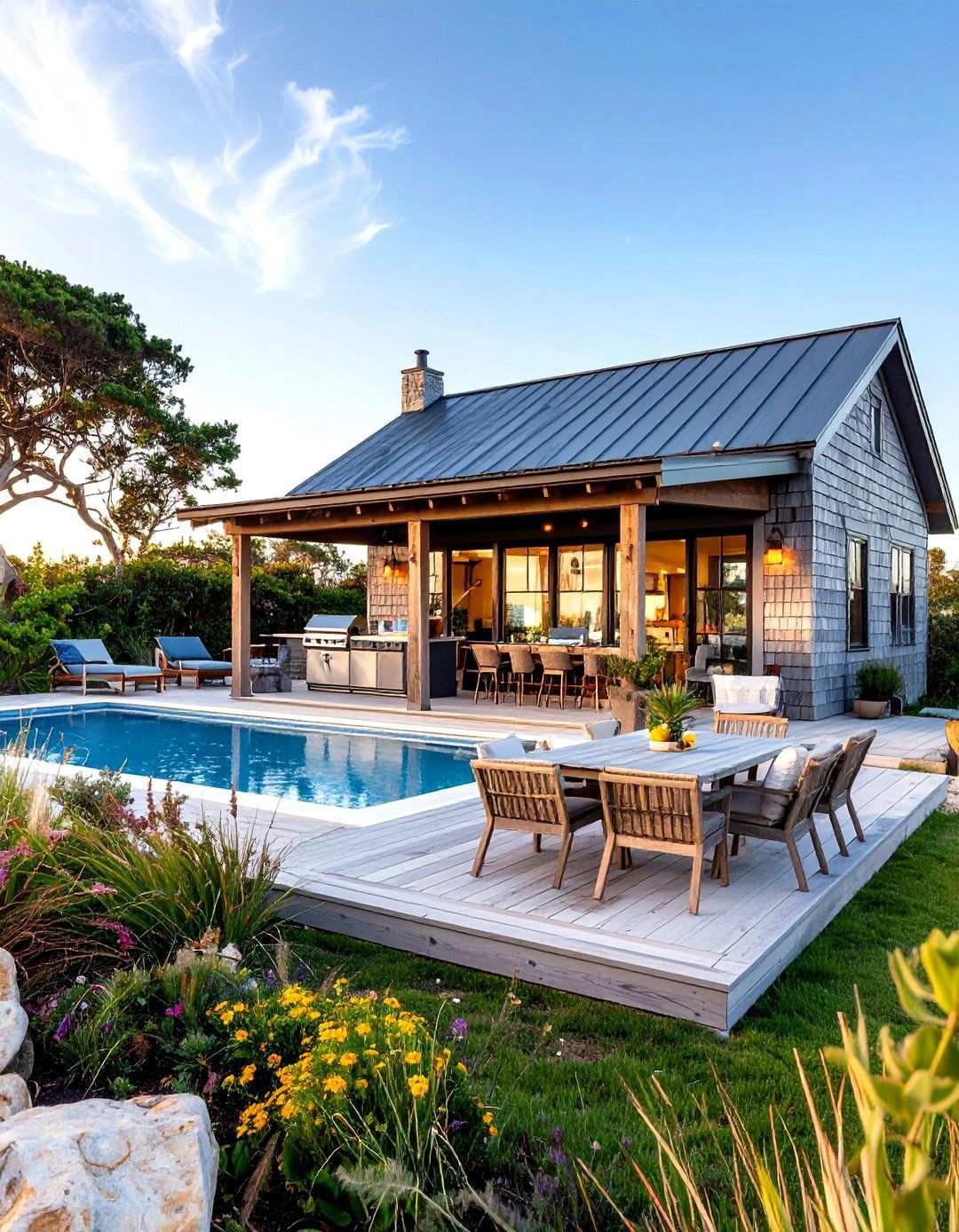 Coastal Shingle Pool House with Seafood Grilling Station - 24 Pool House With Outdoor Kitchen Ideas