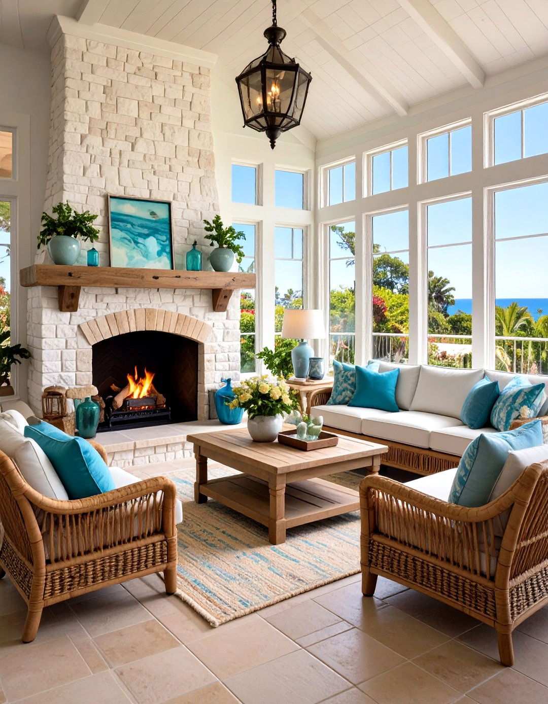 Coastal Style Fireplace Sunroom - 24 Sunroom With Fireplace Ideas