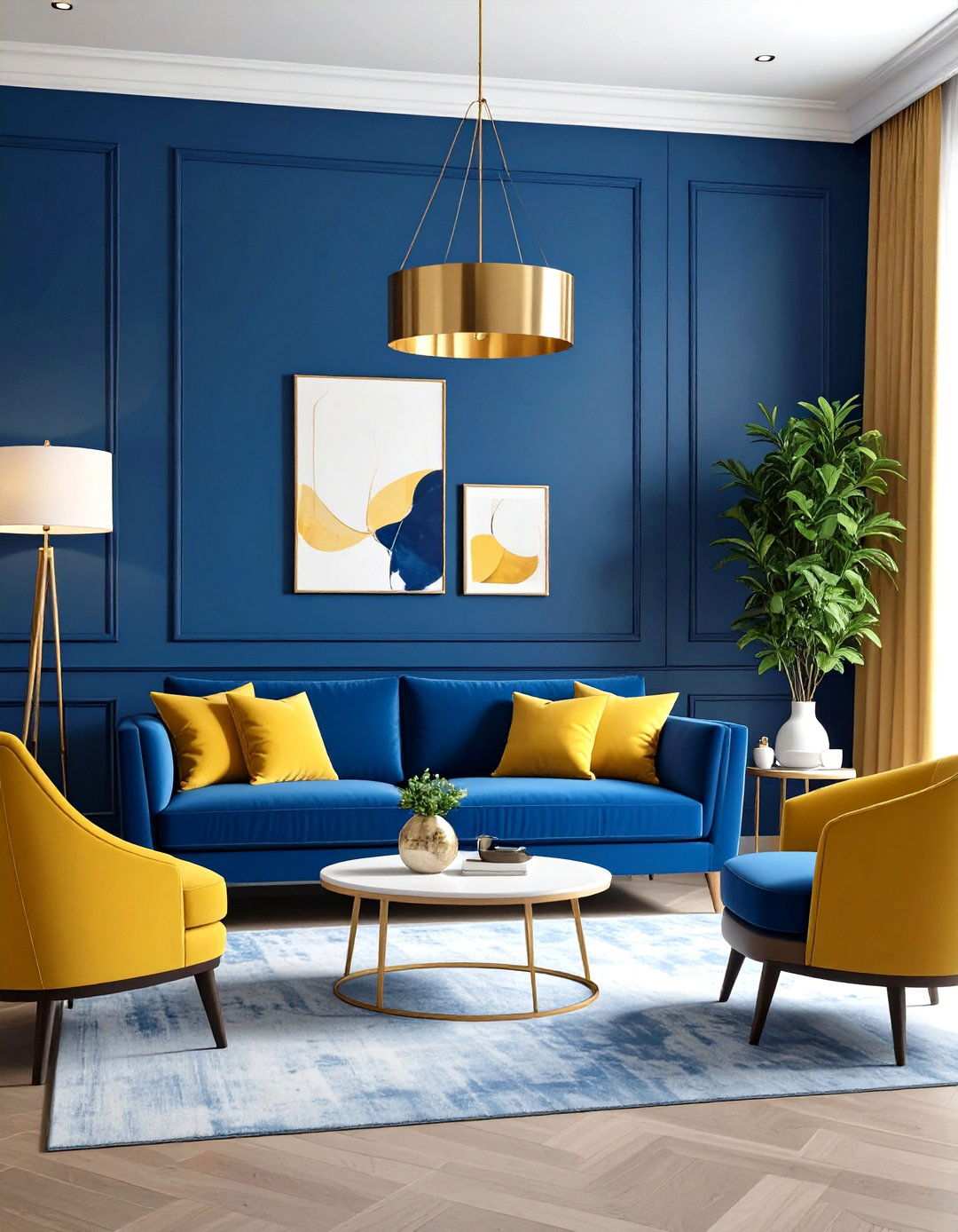 Cobalt Blue and Parchment Yellow Artistic - 24 Yellow and Blue Living Room Ideas