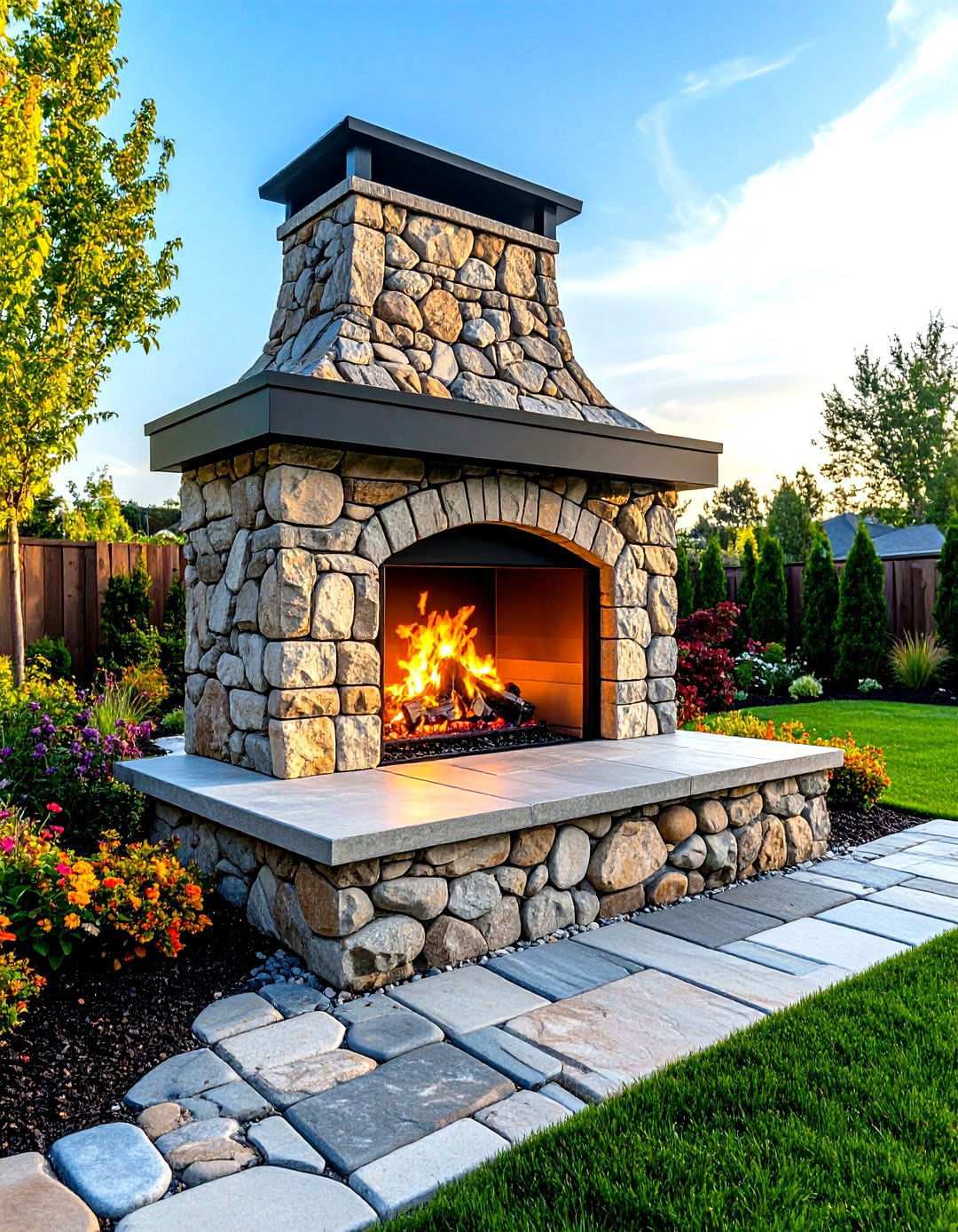 Cobblestone Outdoor Fireplace with Three Dimensional Texture - 24 Rustic Outdoor Fireplace Ideas