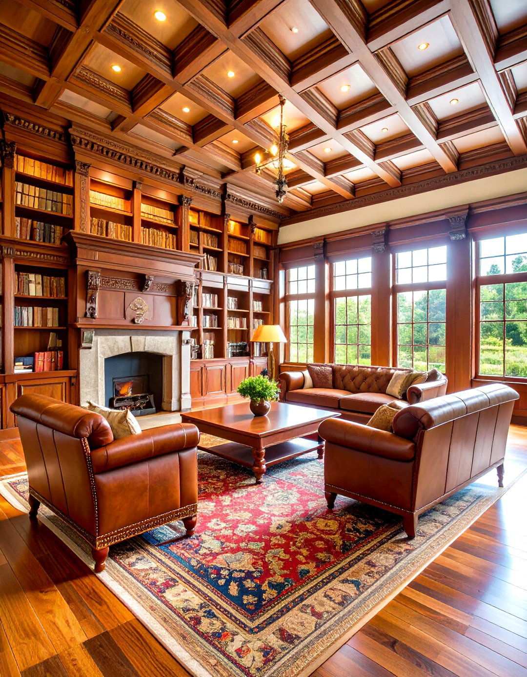 Coffered Ceiling Library Living Room - 24 Mansion Living Room Ideas