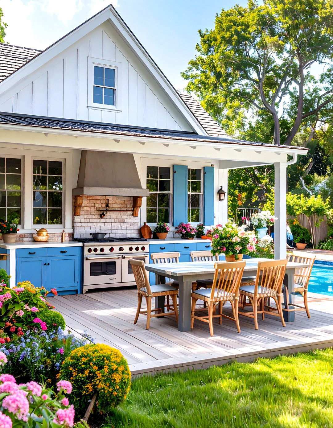 Colonial Revival Pool House with Traditional Kitchen - 24 Pool House With Outdoor Kitchen Ideas