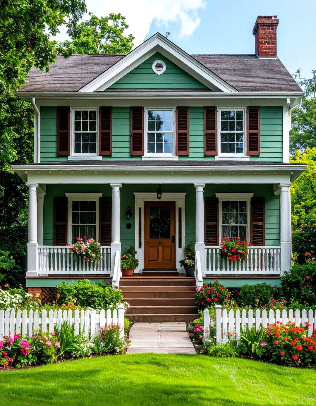 Colonial Revival Welcoming Porches - 24 Sage Green House With Brown Trim Ideas