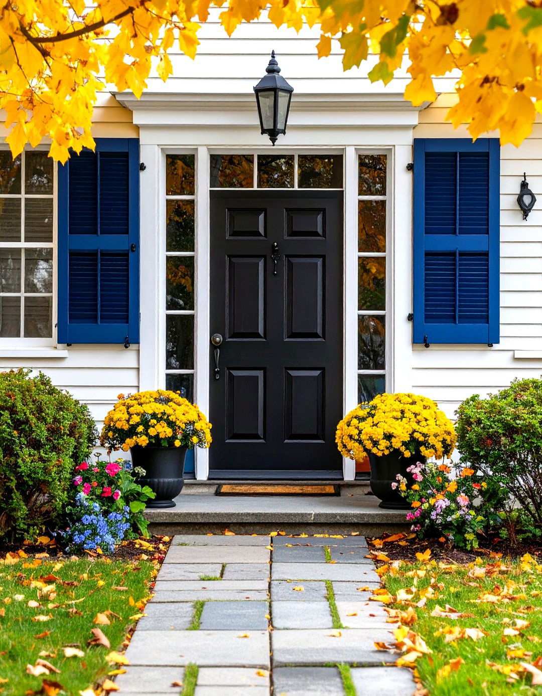 Colonial Style Entry with Black Shutters - 24 White House Ideas With Black Doors